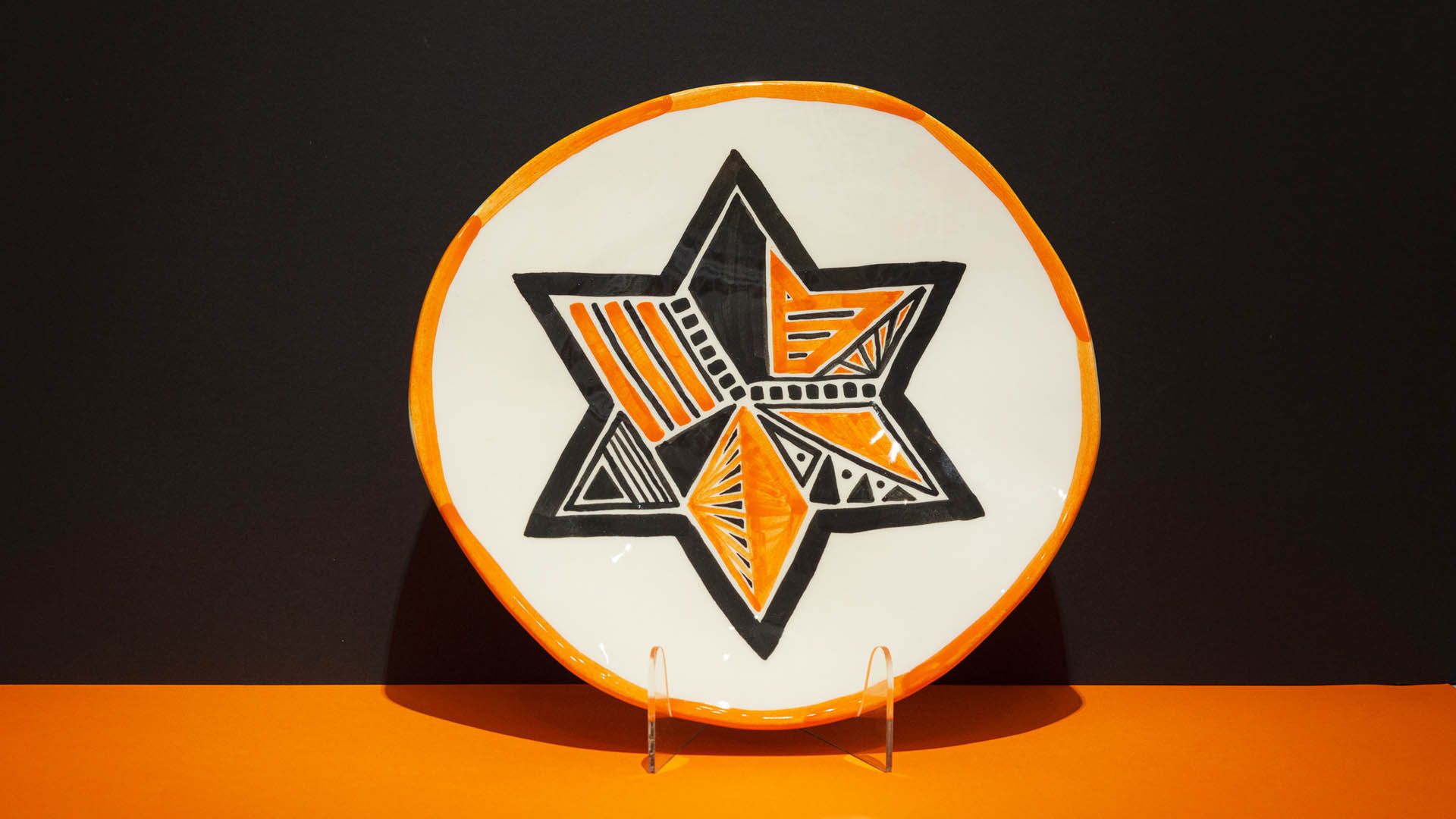 Star of David: Jewish symbol hand-painted in black and orange. Jewish gift plate.
