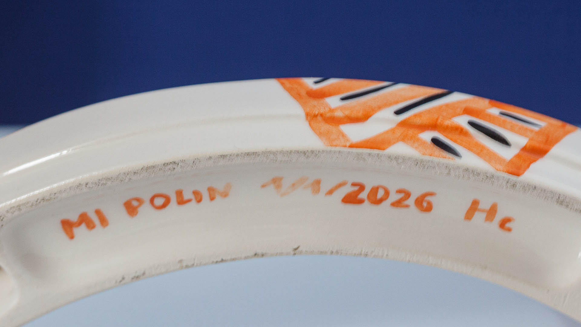 Hand painted Judaica. Menorah designed by MI POLIN which consists of decorative elements in the form of lines in dark orange, brown and black stripes. The candlestick painting are inspired by Polish graphic design of the 1960s and 1970s. Hand-painted by Helena Czernek MI POLIN, together with Aleksander Prugar. A perfect gift for a Bar Mitzvah, Bat Mitzvah, birthday, or as a decoration in a modern Jewish home.