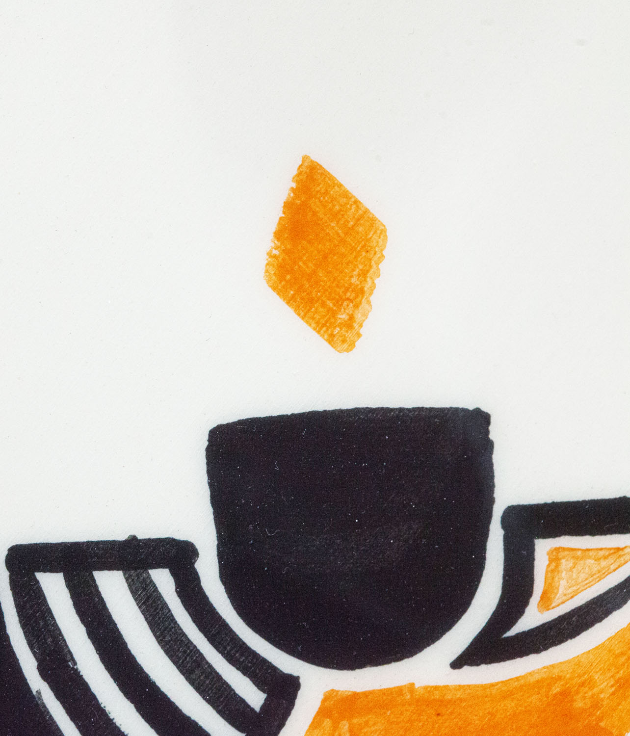 A Jewish Seder plate that became a painting. The brushwork and paintwork are visible. The plate was then fired with a colorless glaze. The menorah symbol is visible.