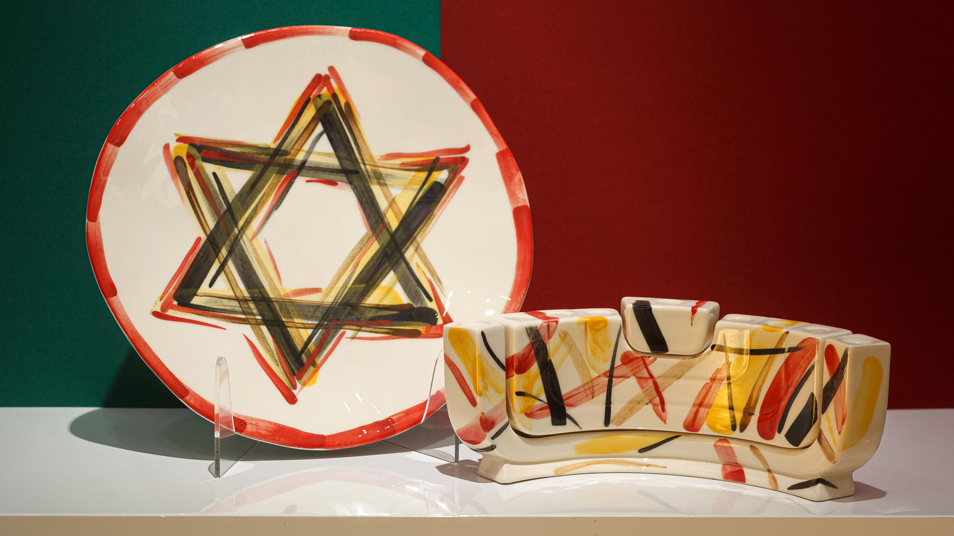 Hand-painted Judaica. Menorah and Seder plate decorated with a Star of David. Hand-painted by Helena Czernek of MI POLIN