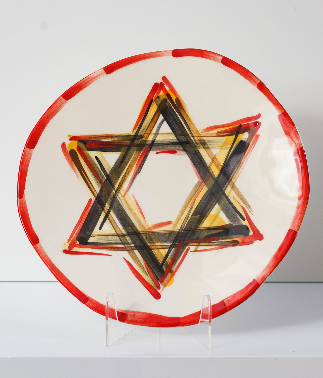 Hand-painted Judaica. Menorah and Seder plate decorated with a Star of David. Hand-painted by Helena Czernek of MI POLIN