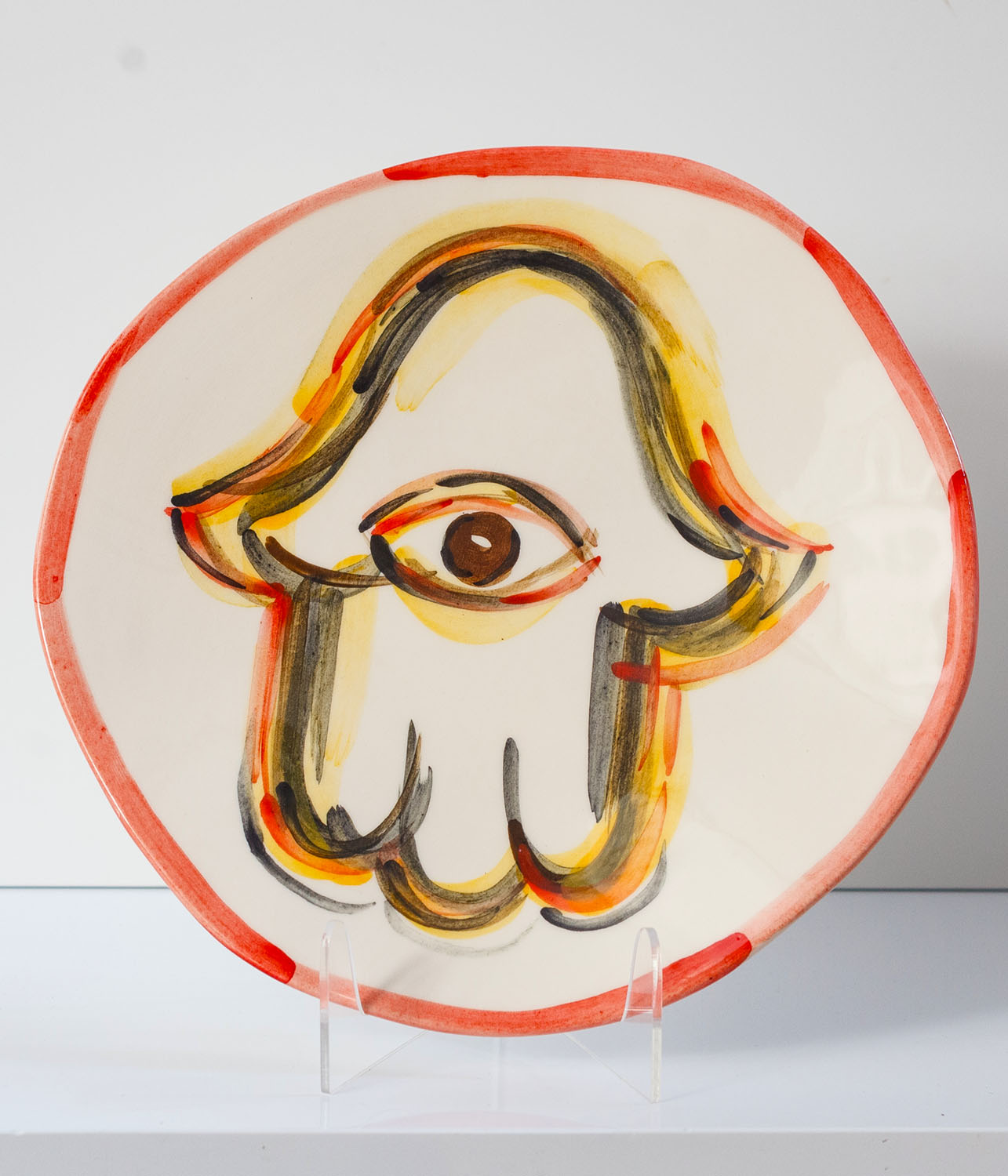 Hand-painted Judaica. Menorah and Seder plate decorated with a Hamsa. Hand-painted by Helena Czernek of MI POLIN